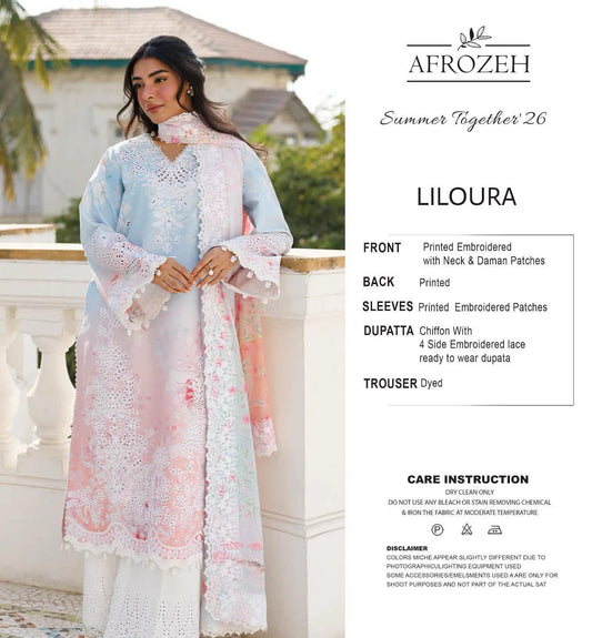 Afrozeh Wz-5028 Luxury Pure Lawn Digitel Printed Collection Whit Printed Chiffon Dupatta 2026