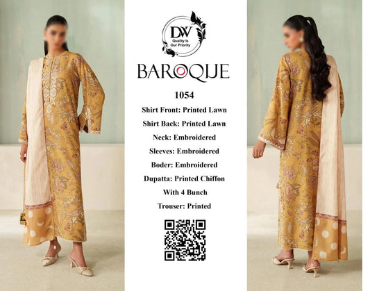 Traditional outfit with embroidered and printed elements, featuring a QR code and brand logo.