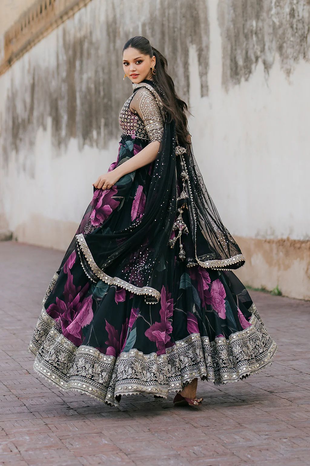 Iznik Wz-03 Most Demanding Maxi Frock Chiffon For Wedding Bridal Shower 25 black and purple dress with floral patterns, standing outdoors.