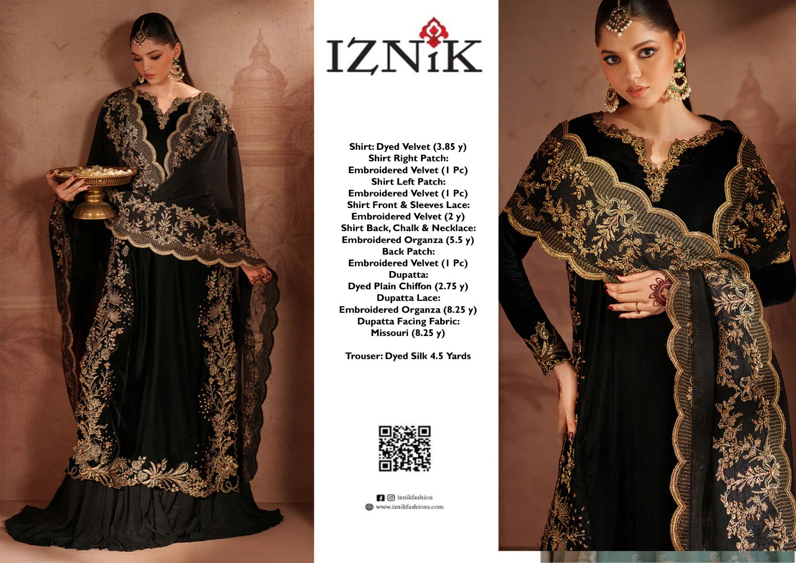 Iznik Wz-2 Black Gold Premium Velvet Most Beautiful Dress 2025 in black embroidered outfit with Iznik branding and product details.