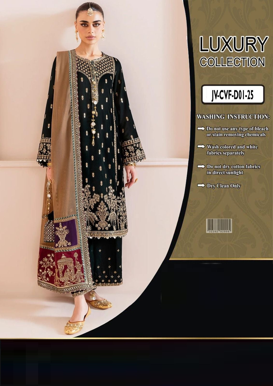 JAzmin VElvet Chandni an embroidered traditional outfit with a 'Luxury Collection' label on the right.