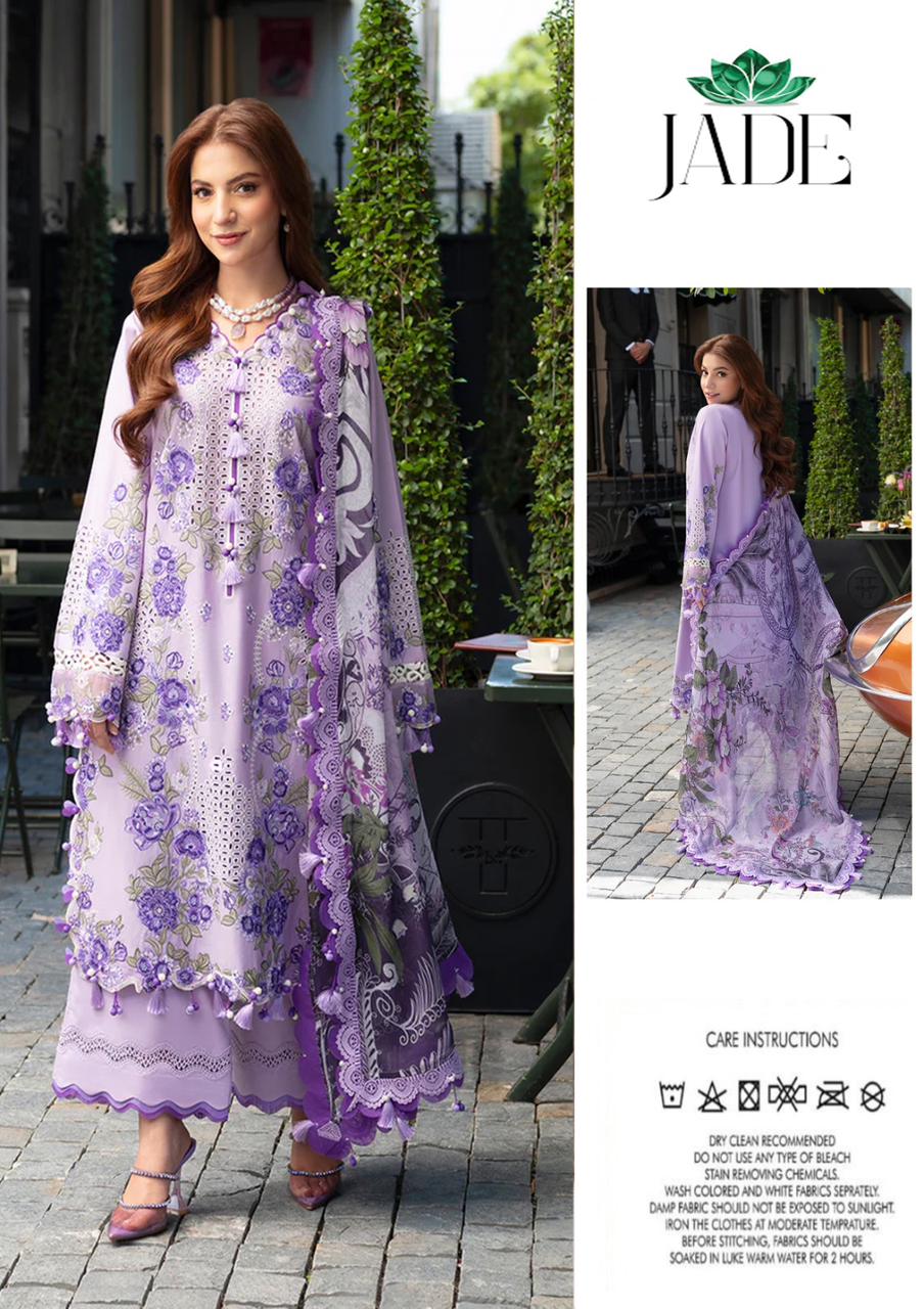 Jade Ombre Purple Dananeer floral dress with a matching dupatta, standing outdoors.