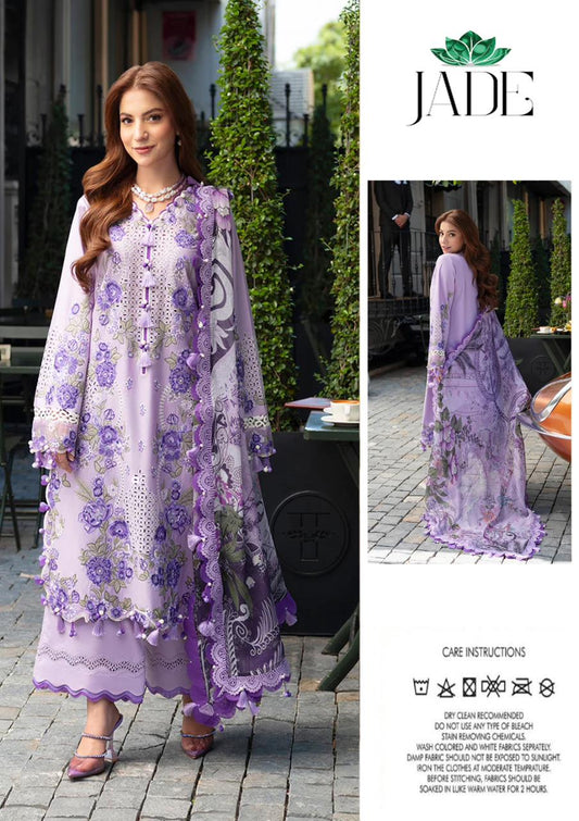 Jade Ombre Purple Dananeer floral dress with a matching dupatta, standing outdoors.