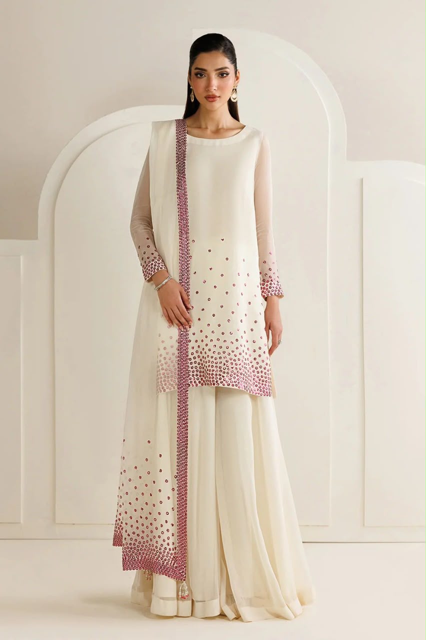 Jazmin White Pink Most Beautiful Design Chiffon Dress 26