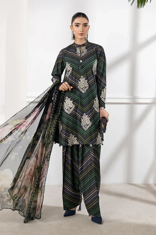 Woman wearing a traditional outfit with a black and green patterned top and pants, holding a sheer dupatta.