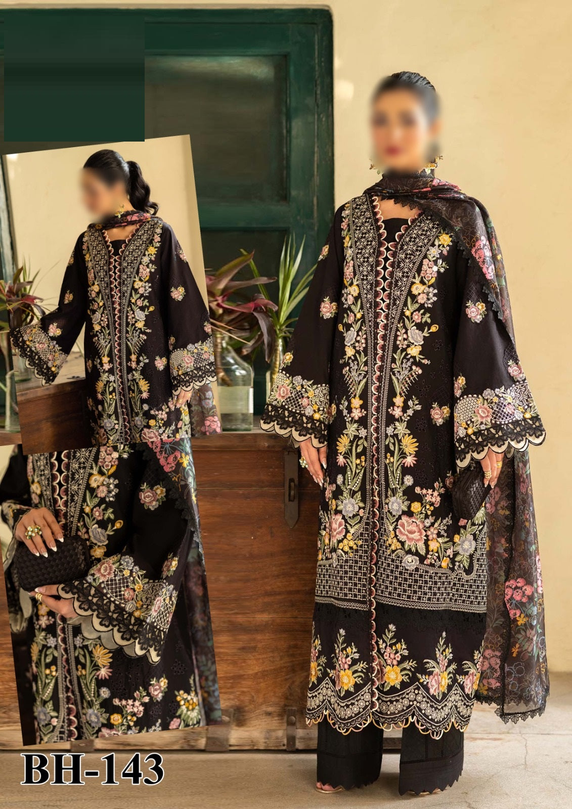 Maryam Hussain Black BEauty Dress embroidered black outfit with floral patterns in a room.