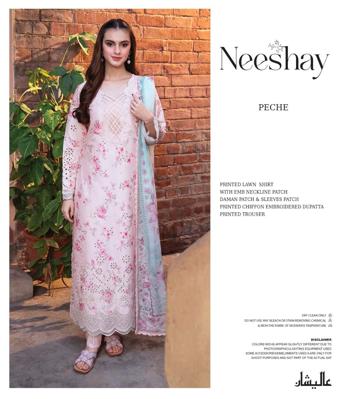 Neeshay PECHE  floral dress with a dupatta against a brick wall, featuring the brand 'Neeshay'.