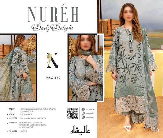 Promotional image of a fashion outfit with 'Nureh' branding and product details.