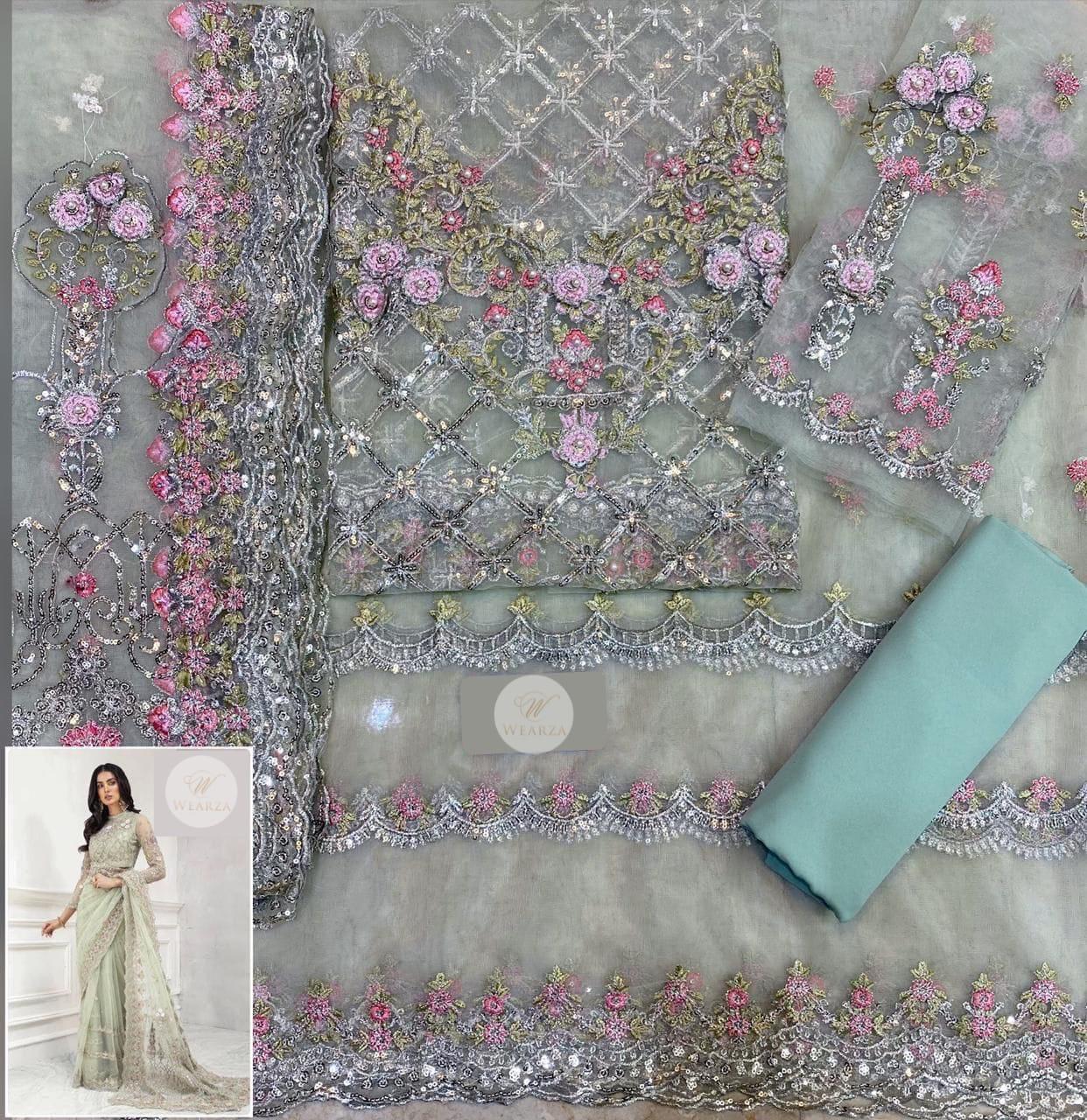 MARIA B LUXURY WEDDING (SOFT NET ) 3D FLOWER ATTACHED SAREE 2023 - Wearza