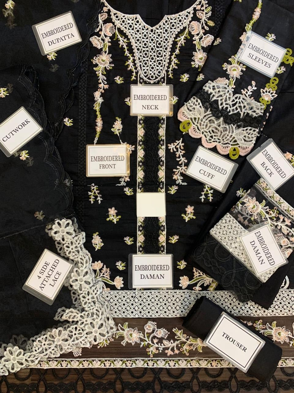 QALAMKAR BLACK MOST HOT CODE PUREMIUM PURE LAWN WITH ORGANZA EMB DUPPATA 2024 - Wearza