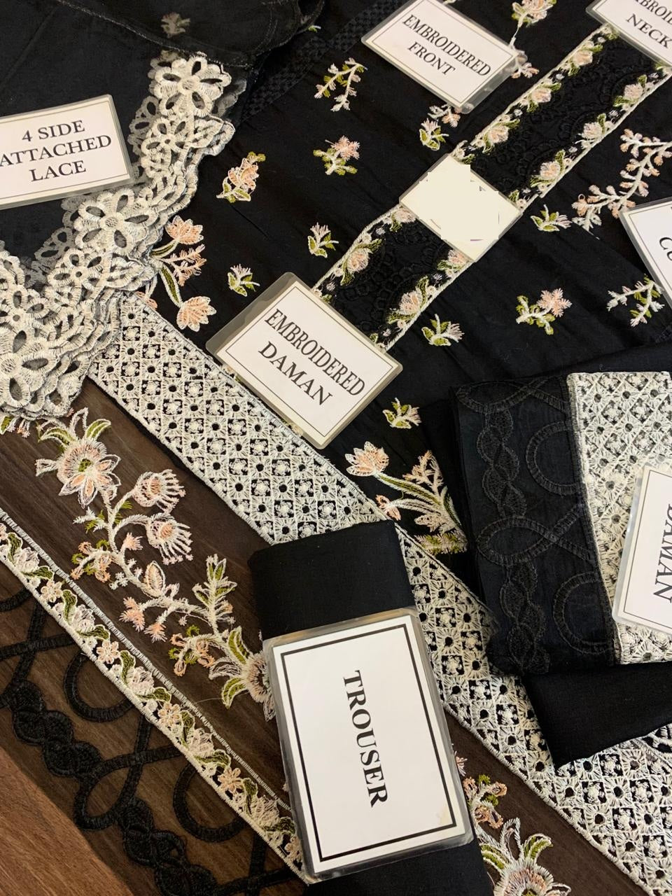 QALAMKAR BLACK MOST HOT CODE PUREMIUM PURE LAWN WITH ORGANZA EMB DUPPATA 2024 - Wearza