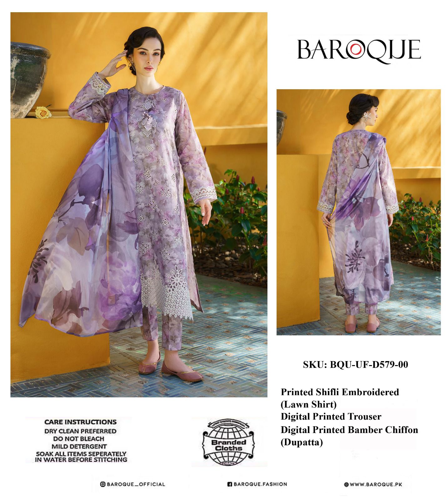 Baroque Pure Digital Printed Pure Lawn 3Pc With Bhimber Chiffon Duppata 2024 WEARZA