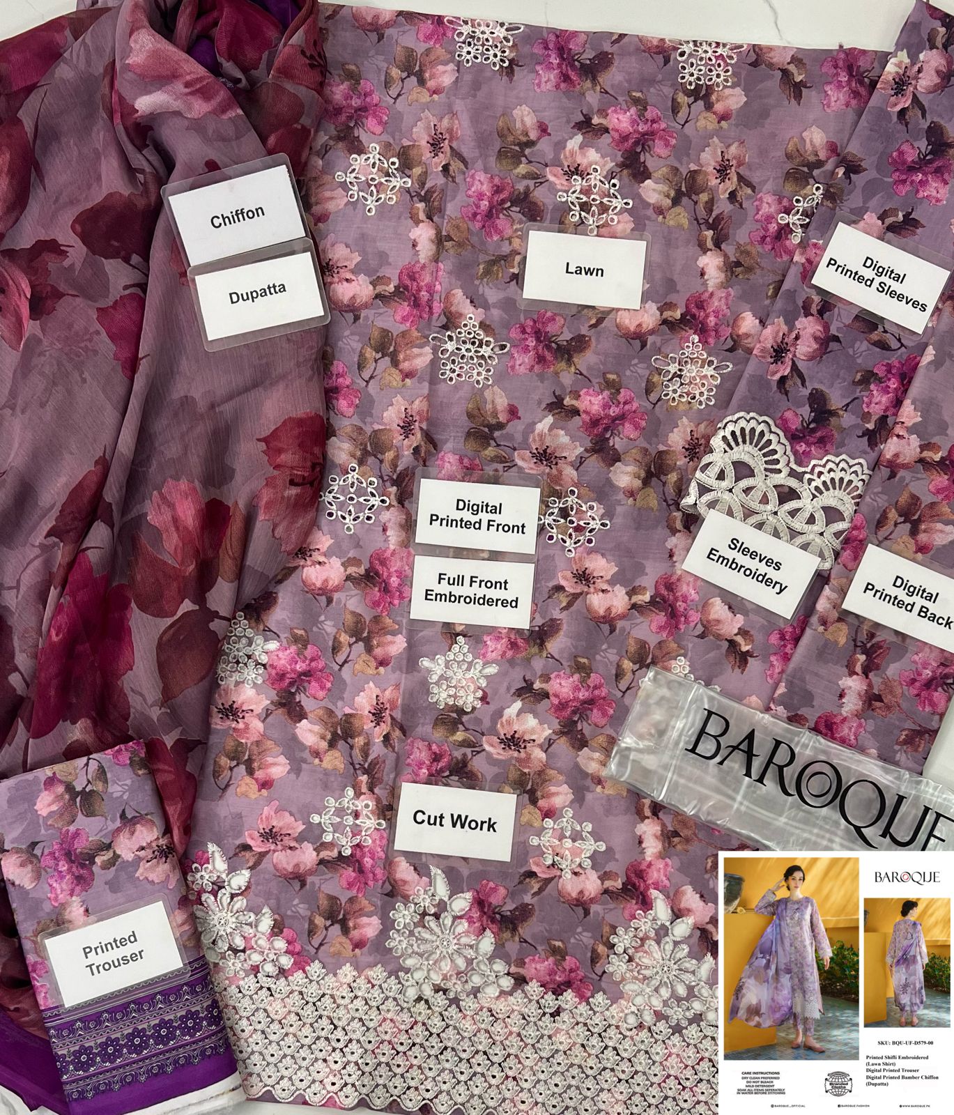 Baroque Pure Digital Printed Pure Lawn 3Pc With Bhimber Chiffon Duppata 2024 WEARZA