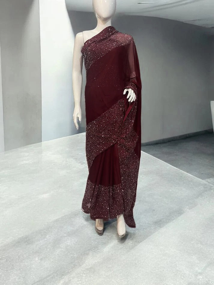 Wearza X Fatima Effendi Semi Pure Chiffon Pakistani Saree Stone Work 2025