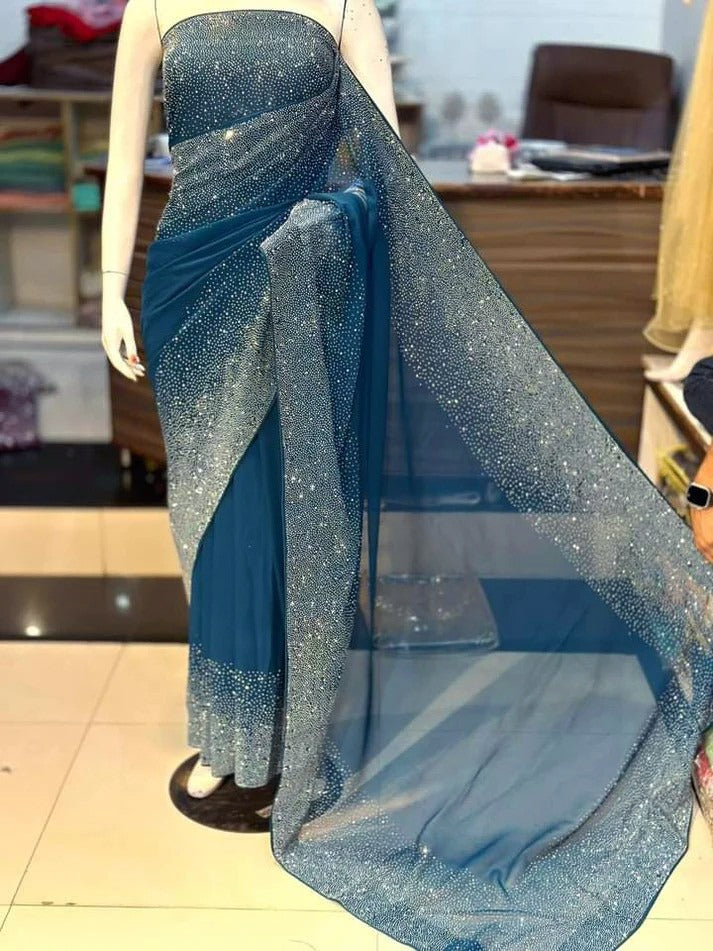Wearza X Fatima Effendi Semi Pure Chiffon Pakistani Saree Stone Work 2025