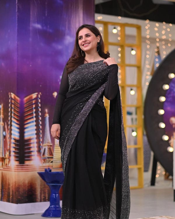 Wearza X Fatima Effendi Semi Pure Chiffon Pakistani Saree Stone Work 2025