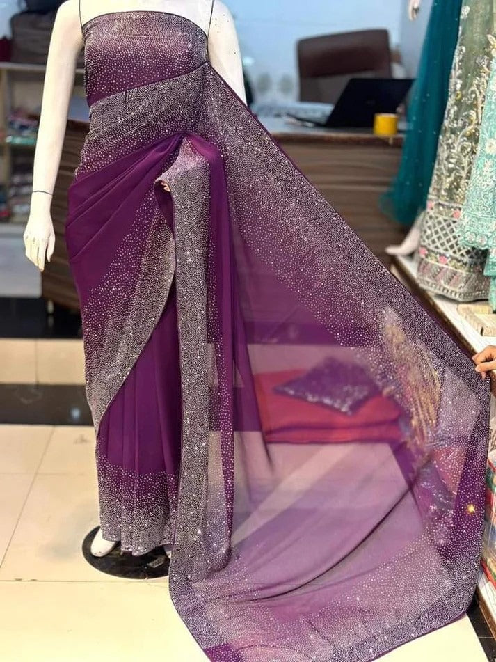 Wearza X Fatima Effendi Semi Pure Chiffon Pakistani Saree Stone Work 2025