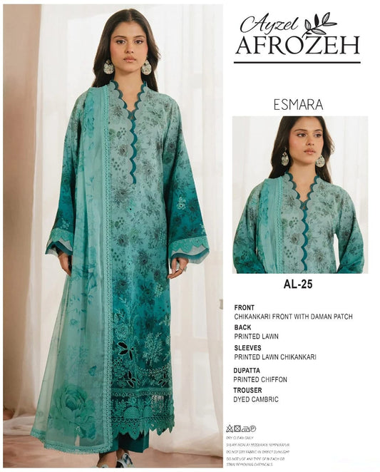 Afrozeh Wz-657 Luxury Pure Lawn Chikenkari Embroidered Eid Ul Adha Collection 2025