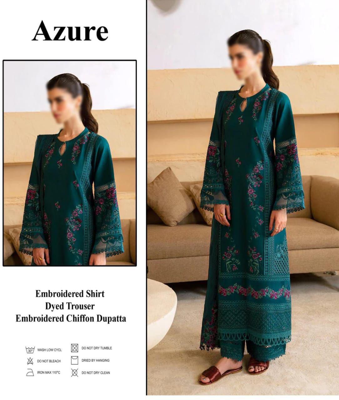 Azure Most HIt Wz=016 Premium Pure Lawn Chikankari Emb Frock With Khaadi Net Duppata 2025