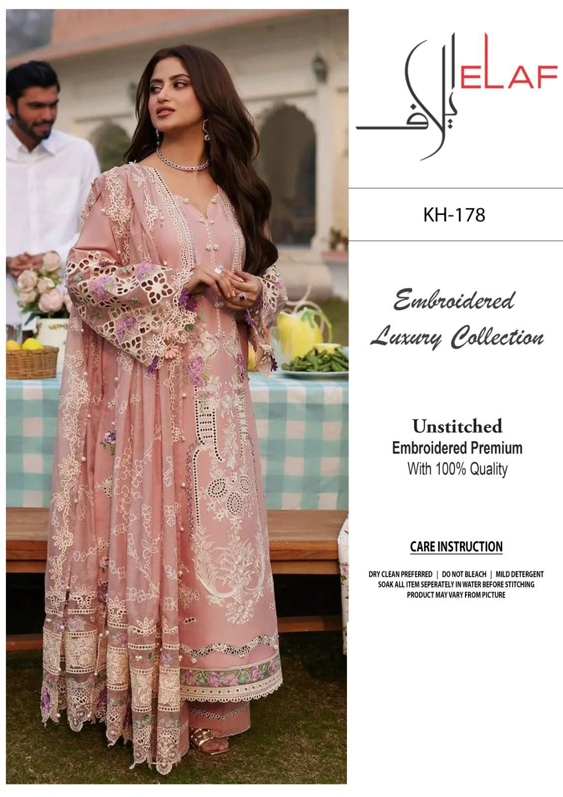 Elaf Peach New Wz-025 Luxury Lawn Cotton Emb With Khaadi Net Duppata 25
