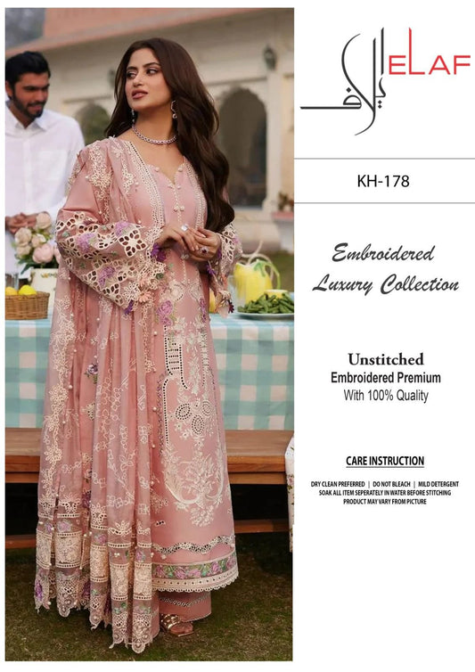 Elaf Peach New Wz-025 Luxury Lawn Cotton Emb With Khaadi Net Duppata 25