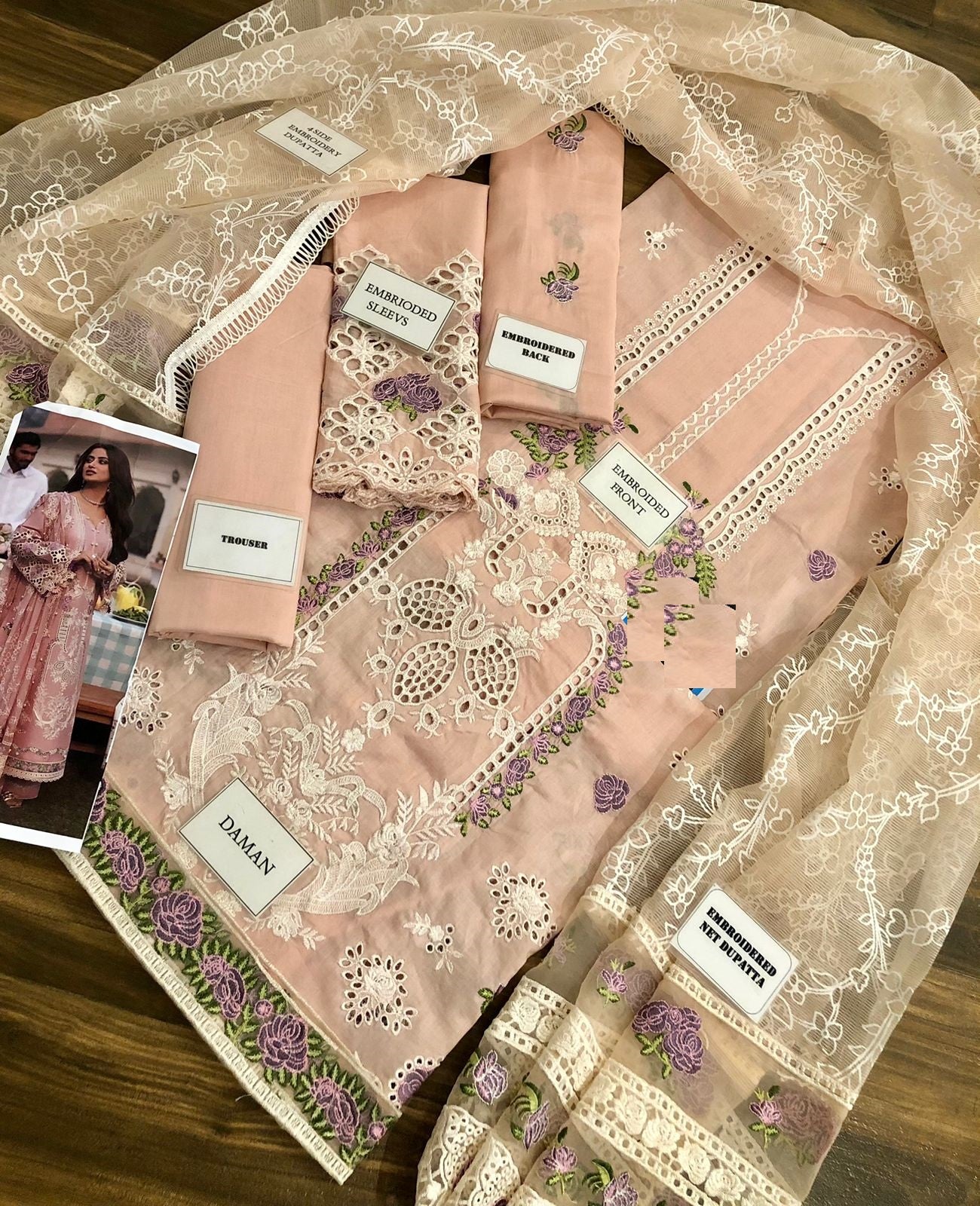 Elaf Peach New Wz-025 Luxury Lawn Cotton Emb With Khaadi Net Duppata 25