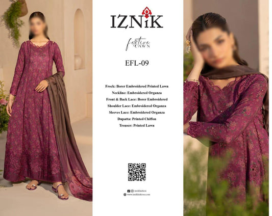 Iznik Hit Code EFL-09  Premium Pure Luxury Lawn Emb With  Chiffon Emb Duppata 25