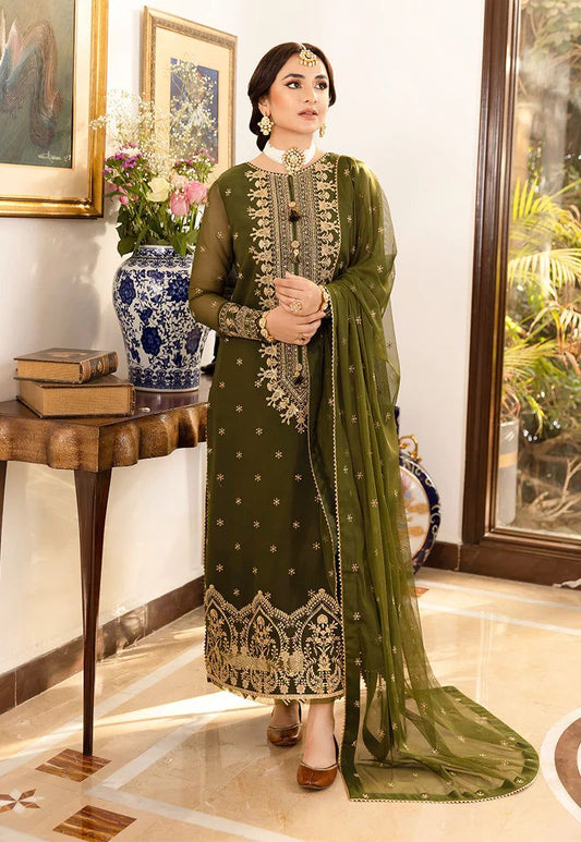 Asim Jofa Mehndi Color Dress Semi Pure Chiffon Pakistani Dress 2025