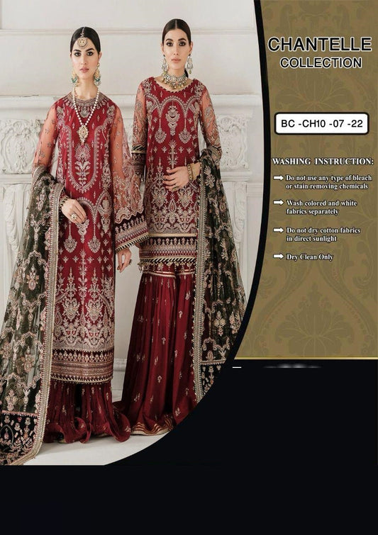 Maroon embroidered traditional outfit with gold details on a white background, featuring 'Chantelle' collection branding.