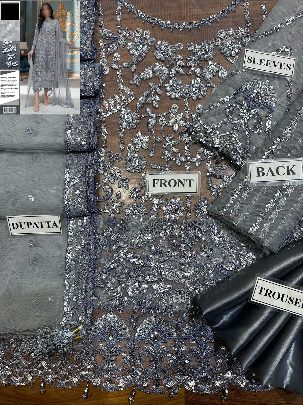 Gray dupatta with intricate silver embroidery, labeled 'Front', 'Back', and 'Sleeves'.