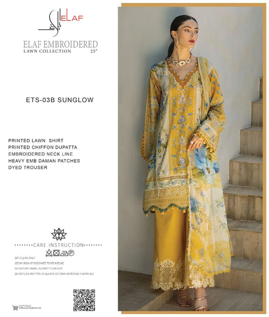 Woman wearing a yellow embroidered outfit with 'ELAF' branding on a white background.