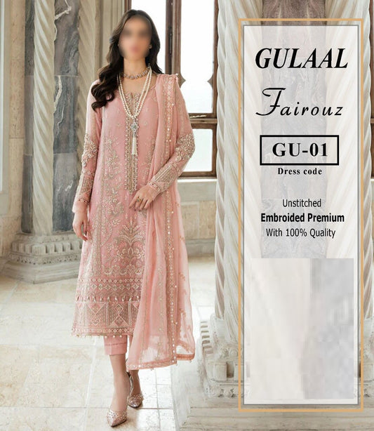Woman wearing a pink embroidered dress with 'Gulaal' branding in the background.