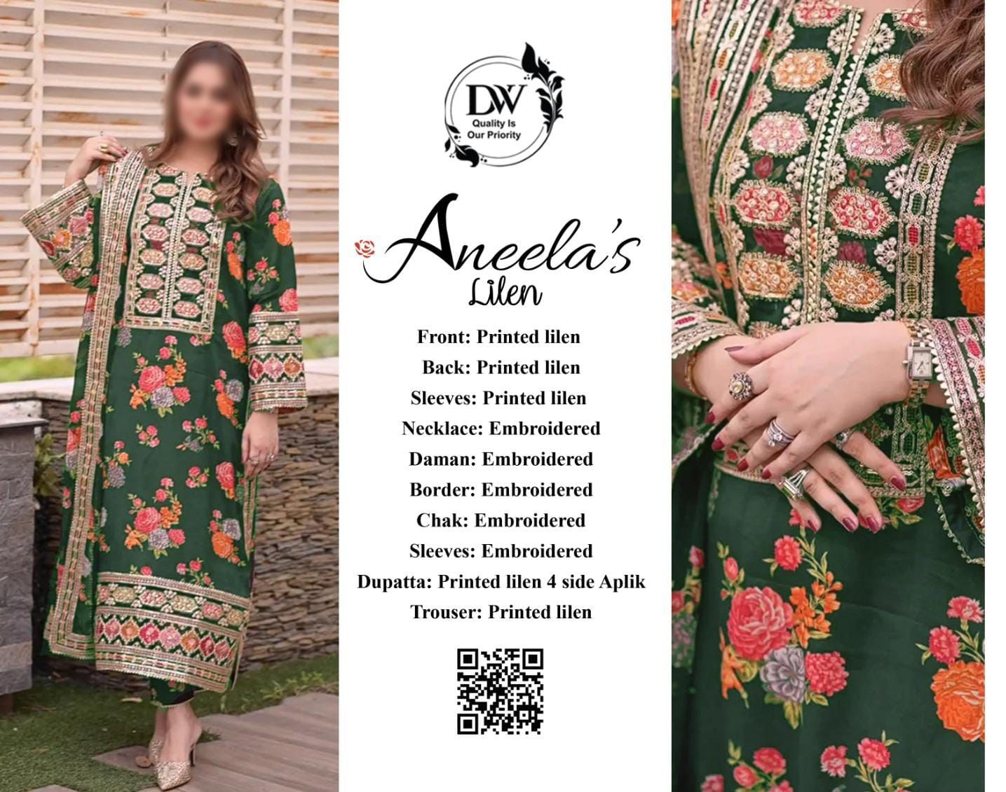 Green embroidered traditional outfit with floral patterns, worn by a model outdoors.