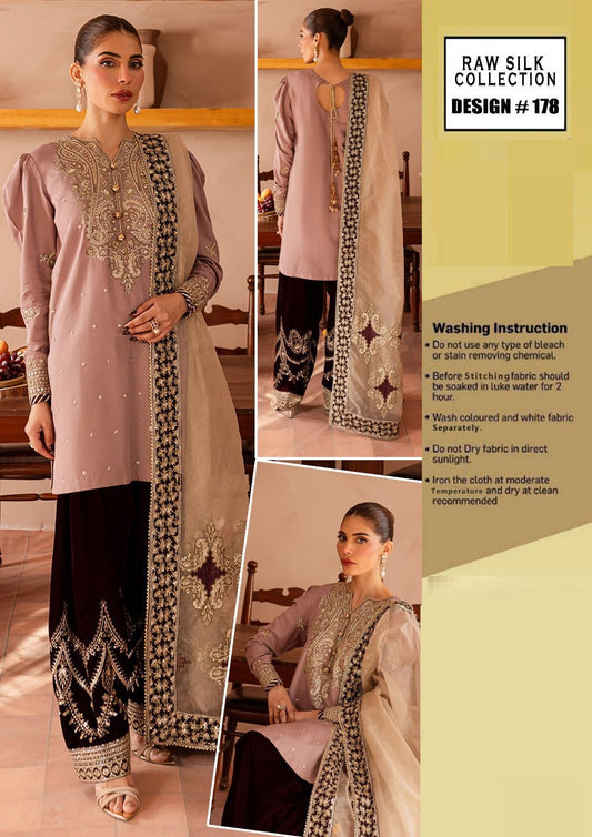 Wearza Pakistani Dress wearing a traditional outfit with intricate designs, surrounded by promotional text for a raw silk collection.