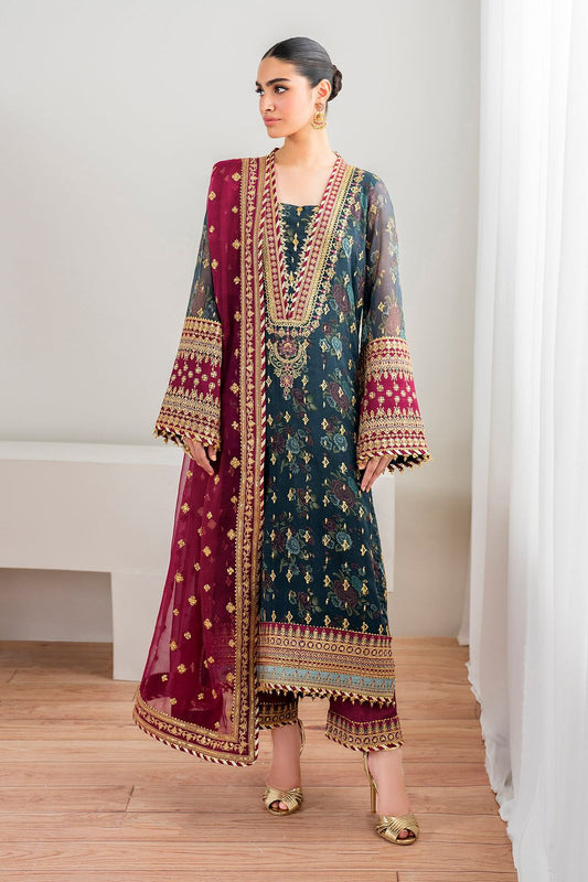 Baroque Wedding wearing a traditional embroidered outfit with a red and blue design.