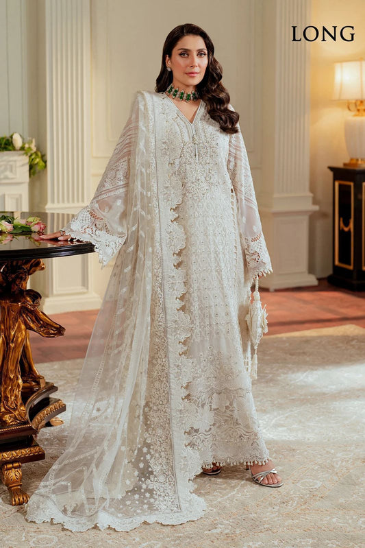 Baroque White Formal & Wedding white embroidered dress standing in an elegant room with classical architecture.