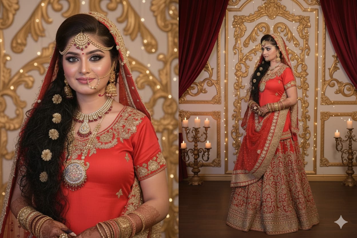 Wearza Woman in traditional red and gold bridal outfit DUlhan Garrara For BArat