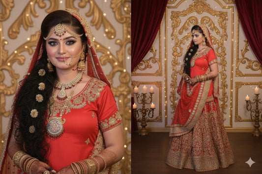 Wearza Woman in traditional red and gold bridal outfit DUlhan Garrara For BArat