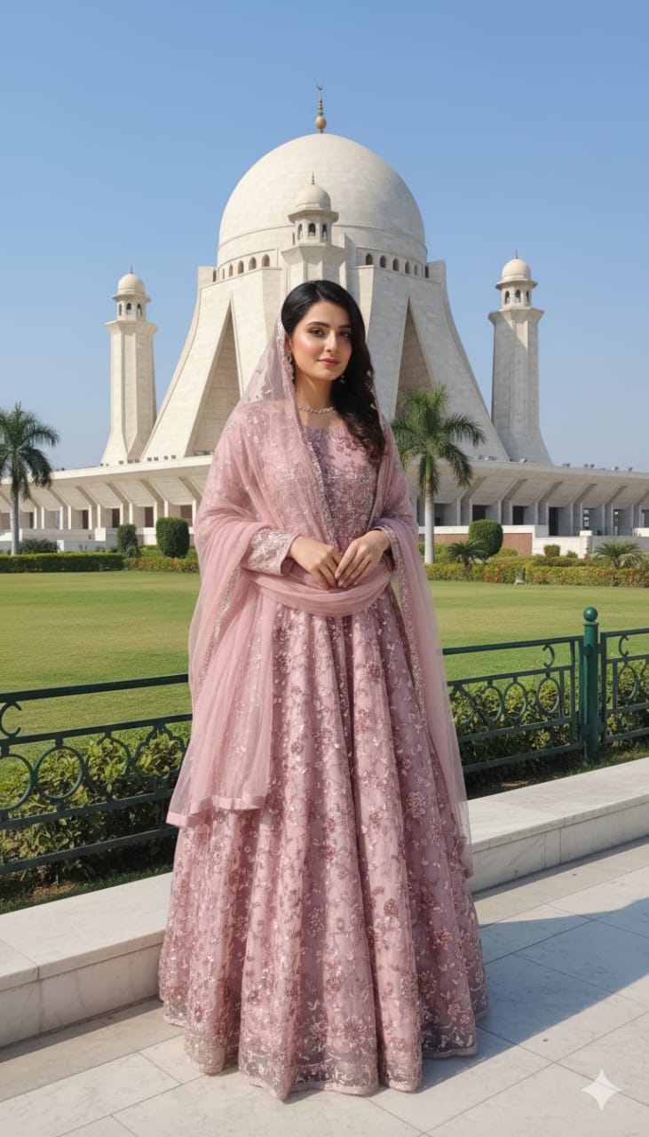Woman in a T pink Maxi  traditional outfit standing in front of a large white dome building.