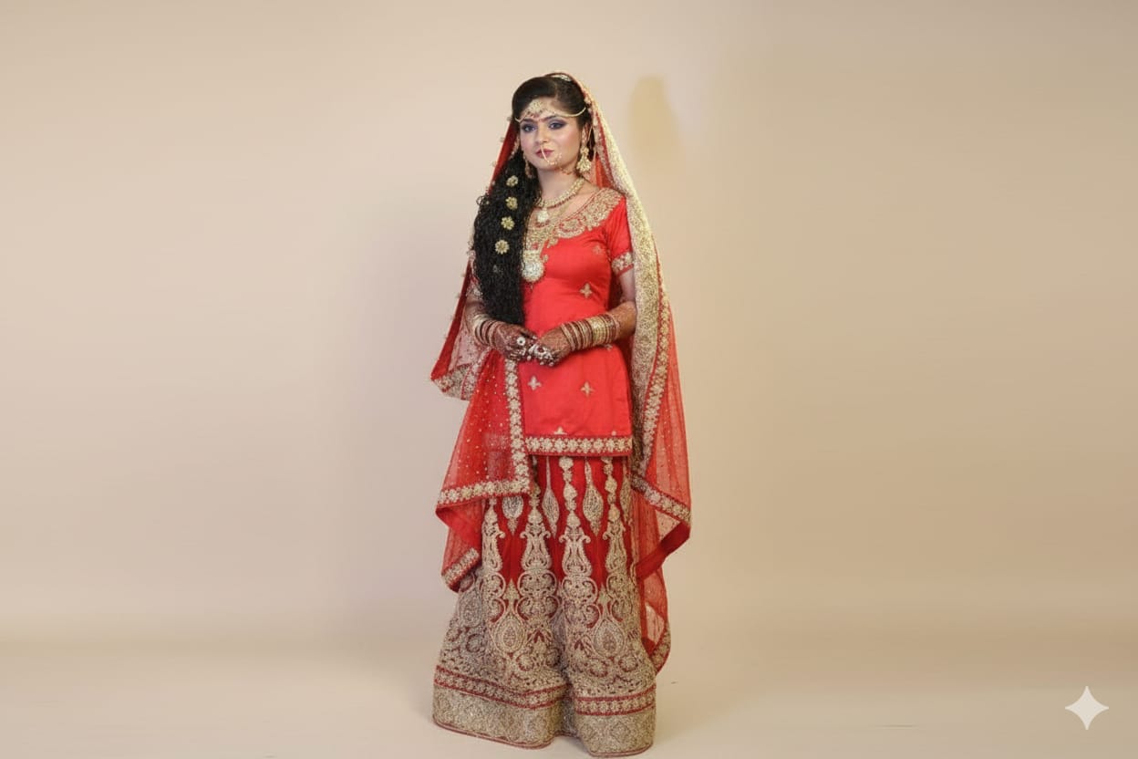 Woman in traditional red and gold bridal outfit on a beige background