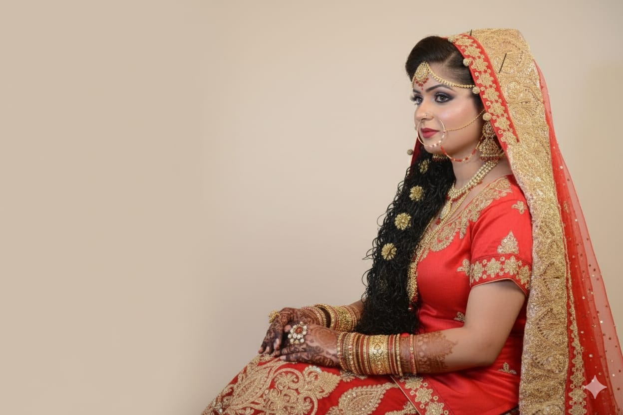Wearza Woman in traditional red and gold bridal outfit DUlhan Garrara For BArat