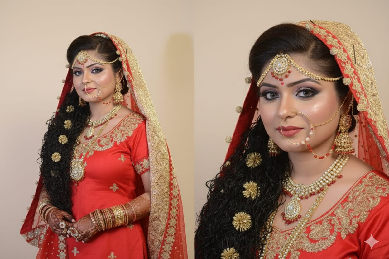 Wearza Woman in traditional red and gold bridal outfit DUlhan Garrara For BArat