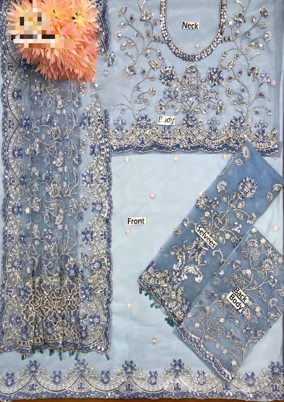 Maria b Wz=03 Bridal Beautiful Saree Exclusive Light Sky Blue Net Fabric 2025