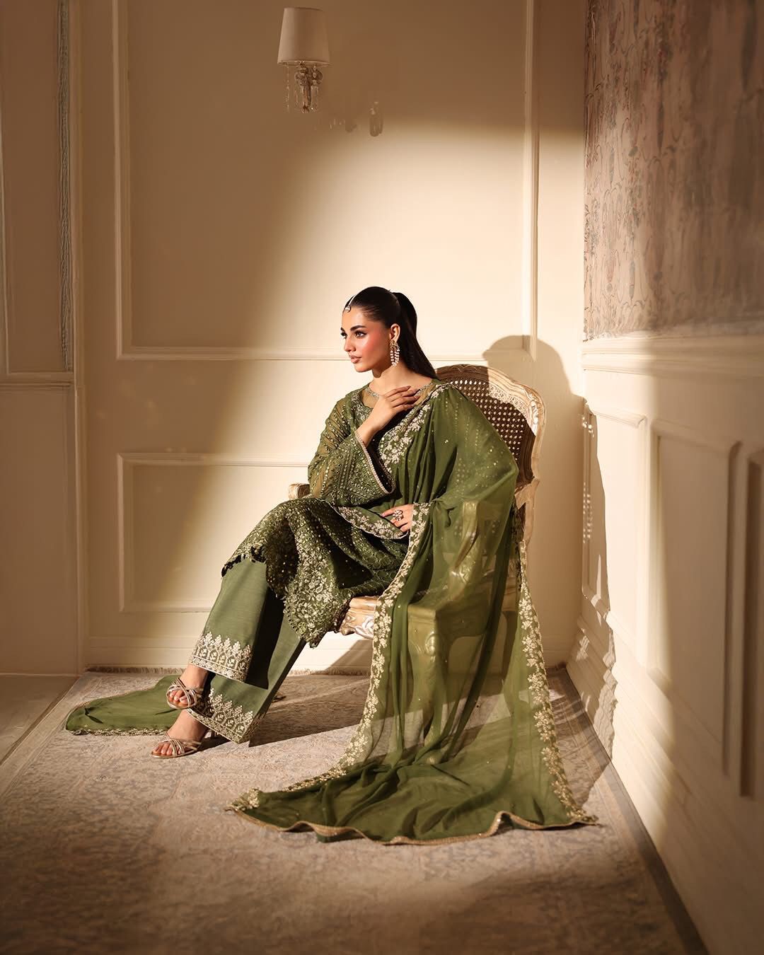 Azure X Laiba Khan Chiffon Green Mehndi Most Beautiful 9mm Work Dress 2025