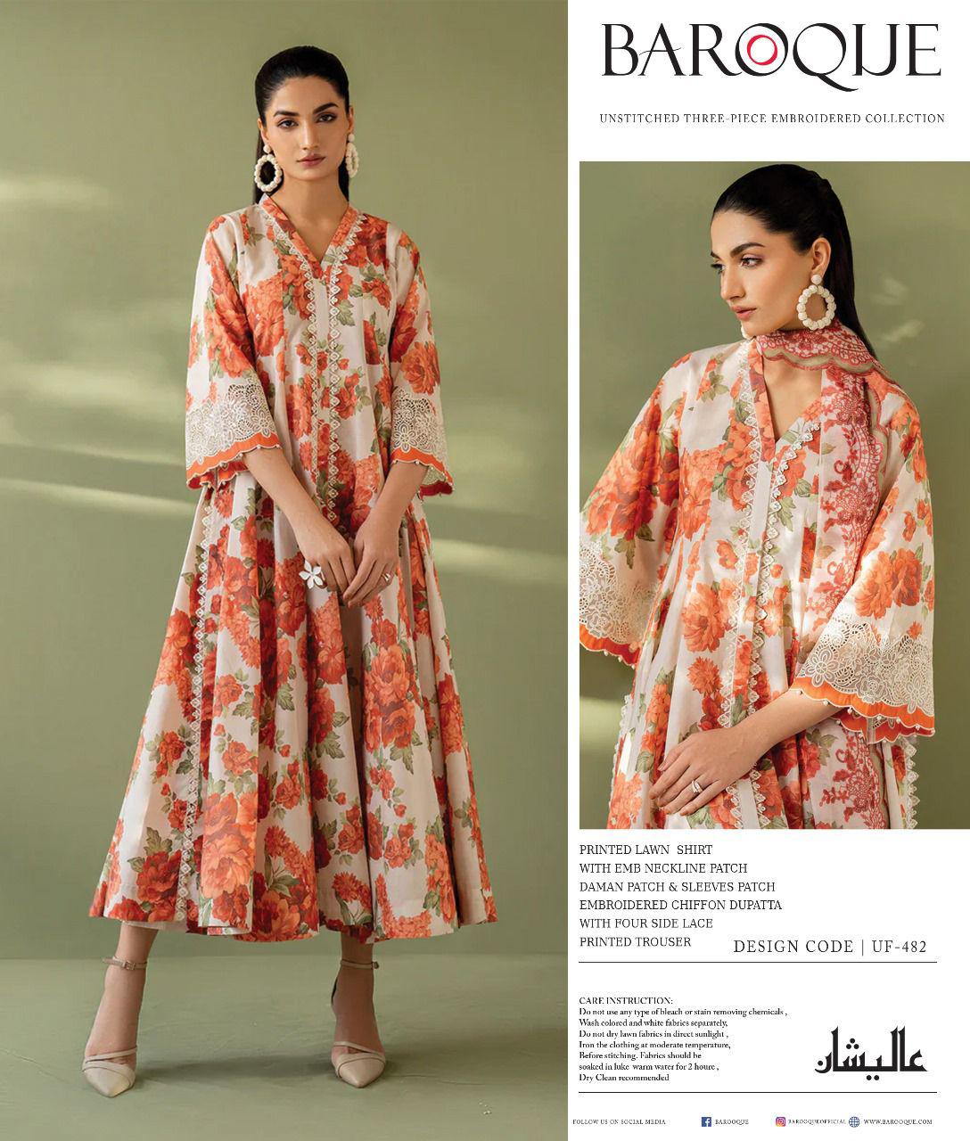 Baroque Wz-095 Premium Pure Lawn Dress With Crinkle Chiffon Emb Duppata 26