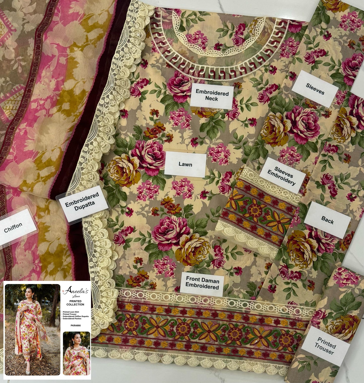 Aneela J-2125 Premium Pure Lawn With Chiffon Emb Duppata 26