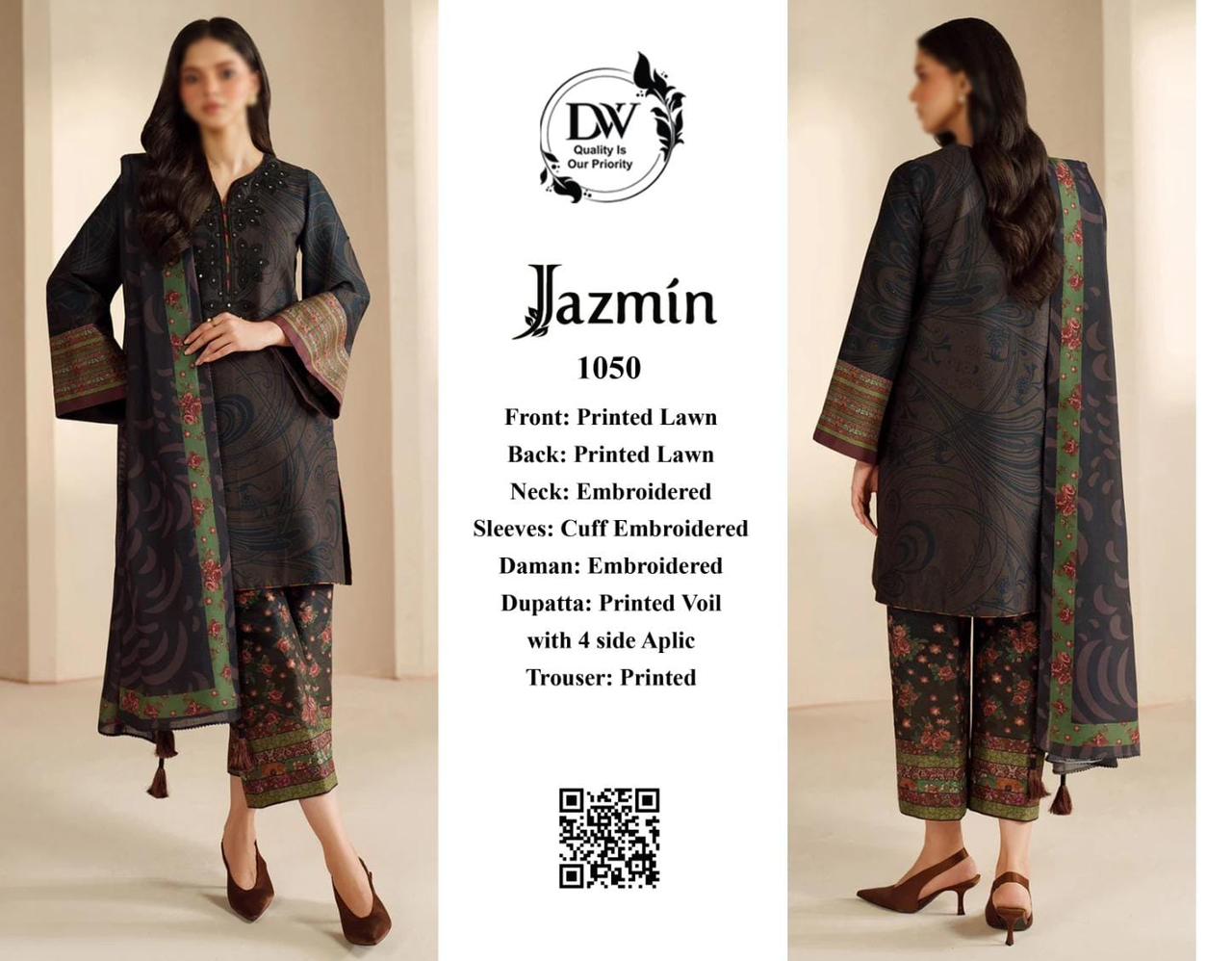 Jazmin 9mm Sequence Black Premium Pure Lawn With Voiel Emb Duppata 26