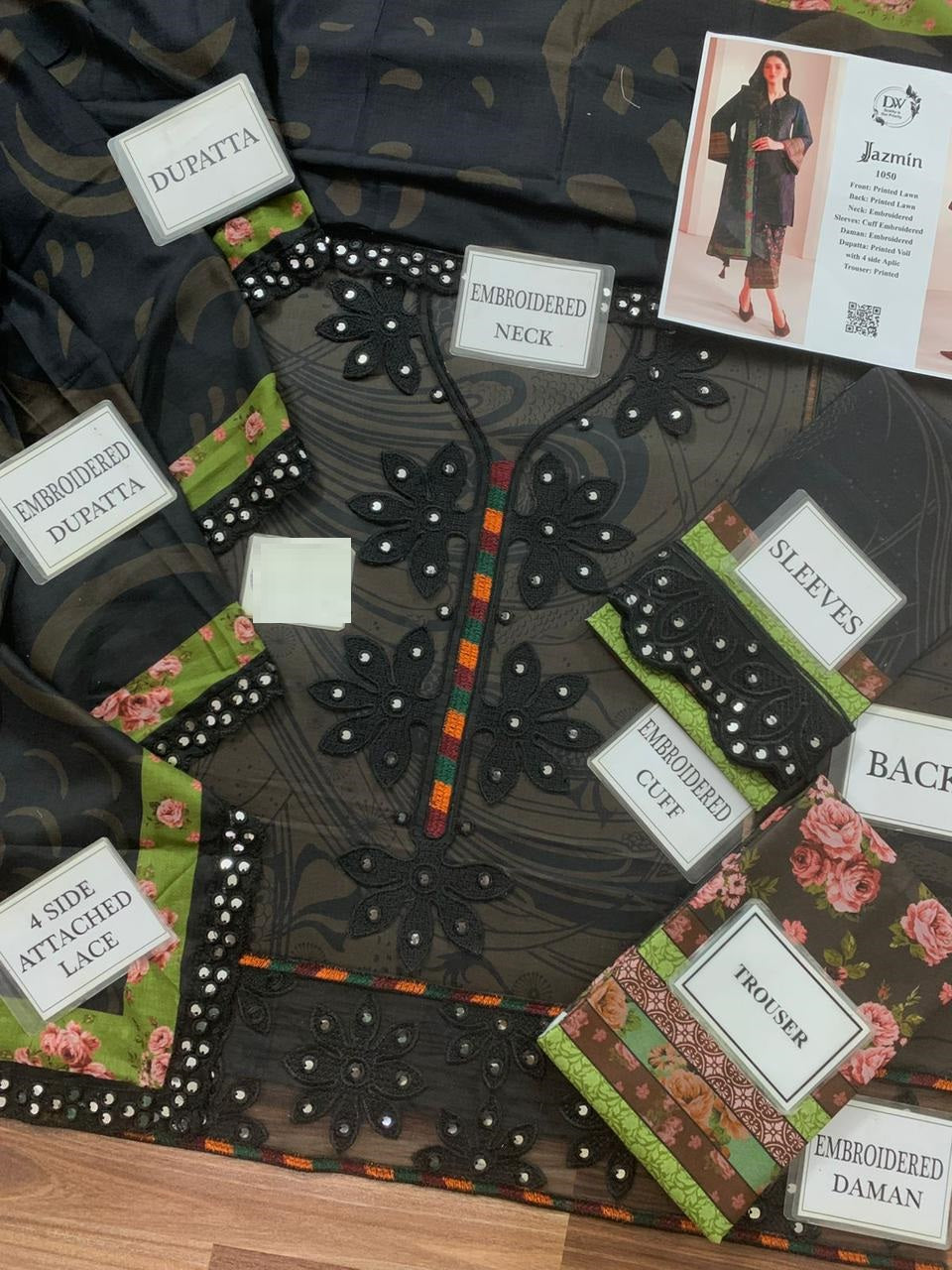 Jazmin 9mm Sequence Black Premium Pure Lawn With Voiel Emb Duppata 26