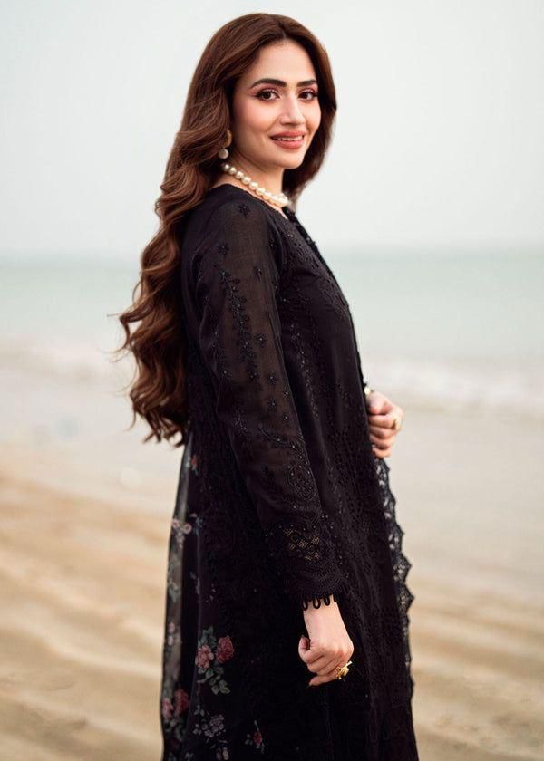 Nureh X Sana Jawed Black Beauty Premium Pure Lawn Chikankari  With Organza Emb Duppata 26
