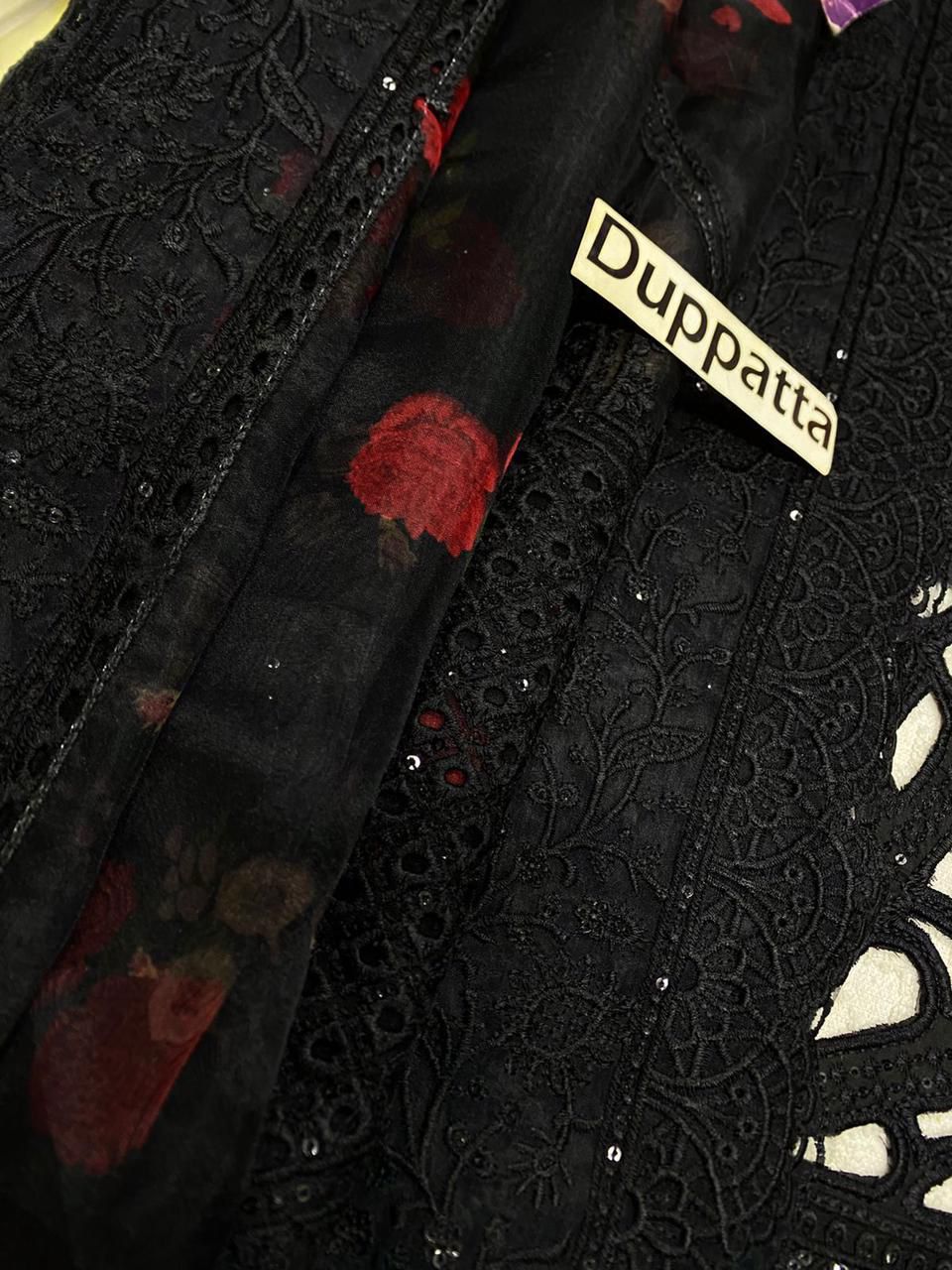 Nureh X Sana Jawed Black Beauty Premium Pure Lawn Chikankari  With Organza Emb Duppata 26